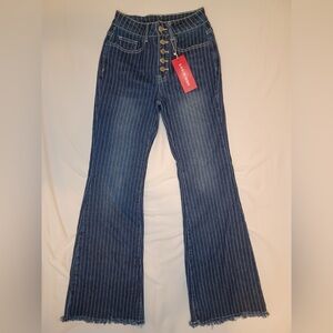 SHEIN Blue Pinstripe button fly Flare Jeans
